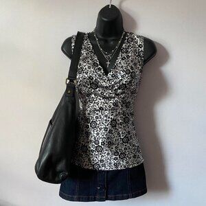white satin black floral sleeveless top w side zip